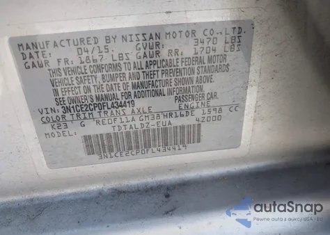 2015 Nissan Versa Note S (Sr)/S Plus/Sl/Sr/Sv z USA, uszkodzony, nr VIN 3N1CE2CP0FL434419